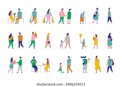 Background people silhouette flat vector set. People crowd. Men and women, kids walking outdoor