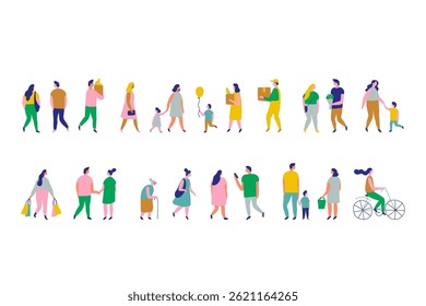 Background people silhouette flat vector set. People crowd. Men and women, kids walking outdoor
