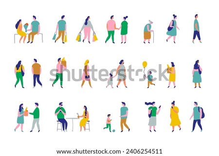 Background people silhouette flat vector set. People crowd. Men and women, kids walking outdoor