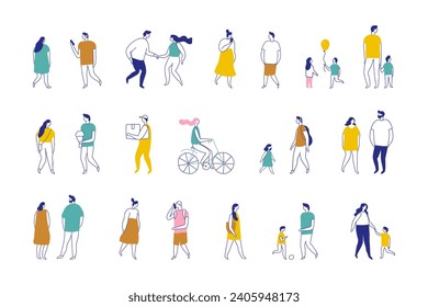 Background people silhouette line vector set. People crowd. Men and women, kids walking outdoor