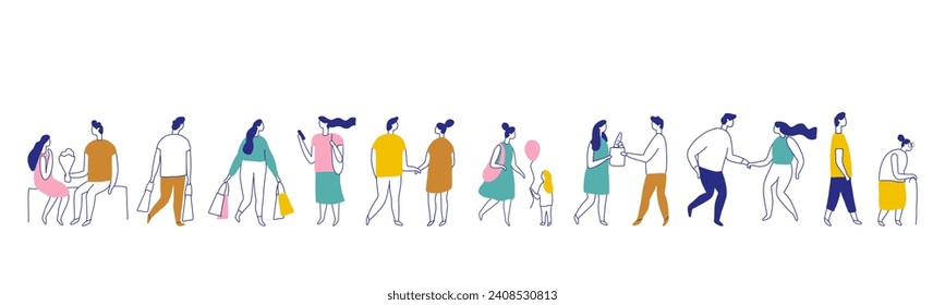 Conjunto de vectores de línea de silueta de personas de fondo. La gente se enreda. Hombres y mujeres, niños caminando al aire libre