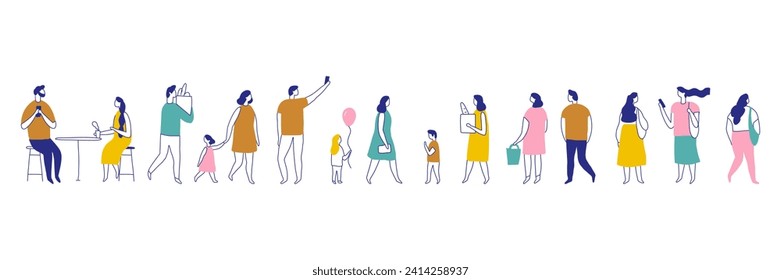Conjunto de vectores de línea de silueta de personas de fondo. La gente se enreda. Hombres y mujeres, niños caminando al aire libre