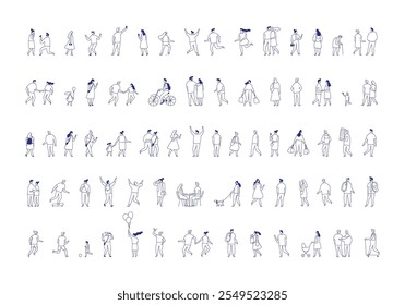 Background people silhouette outline style vector collection. People crowd. Men and women, kids walking outdoor isolated on white background