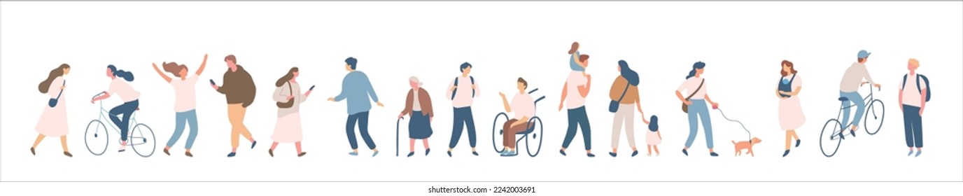 Background people vector horizontal banner. People silhouette crowd. Men and women, parents, kids walking outdoor.	