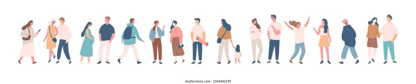 Background people vector horizontal banner. People silhouette crowd. Men and women, parents, kids walking outdoor.	