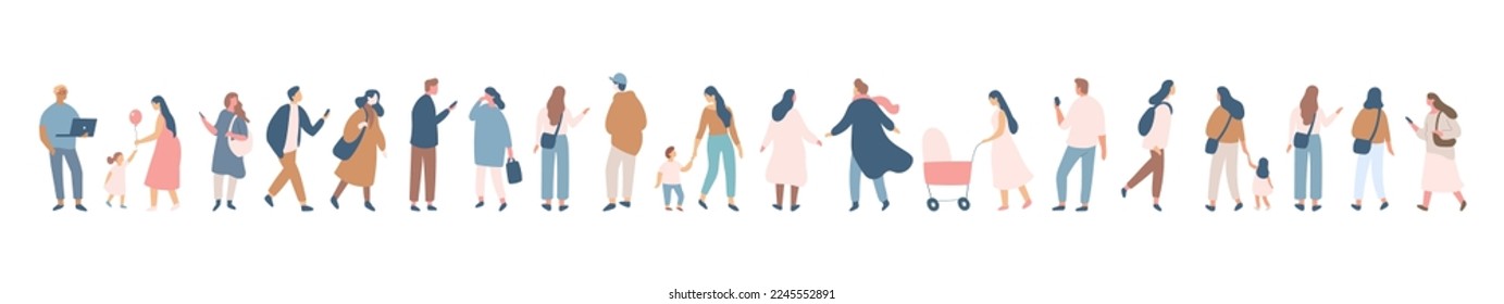 Background people vector horizontal banner. People silhouette crowd. Men and women, parents, kids walking outdoor.	