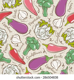 Background with  pepper, eggplant, cauliflower and broccoli.Ideal for printing onto fabric and paper or scrap booking