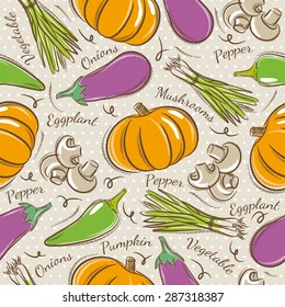 Background with pepper, eggplant and  pumpkin.
Ideal for printing onto fabric and paper or scrap booking.