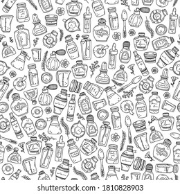 Antecedentes con botellas de perfume, panaderos y aceites esenciales. Preparación de perfumes. Patrón veloz.