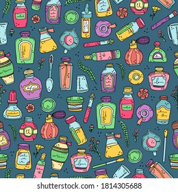 Antecedentes con botellas de perfume, panaderos y aceites esenciales. Preparación de perfumes. Patrón veloz.