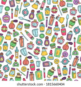 Antecedentes con botellas de perfume, panaderos y aceites esenciales. Preparación de perfumes. Patrón veloz.