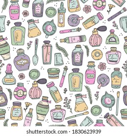 Antecedentes con botellas de perfume, panaderos y aceites esenciales. Preparación de perfumes. Patrón veloz.