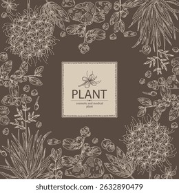 Contexto com perfumaria, plantas cosméticas e médicas: saraca asoca, guggul, linho zelandês, flueggea suffruticosa. Ilustração desenhada à mão vetorial.
