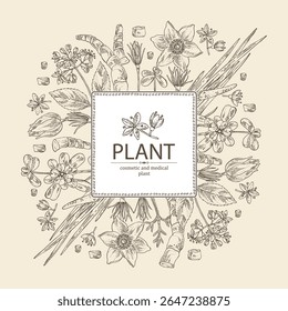Background with perfumery and medical plants: acorus calamus, garden purslane, portulaca, pulsatilla chinensis, dichroa febrifuga lour. Vector hand drawn illustration.