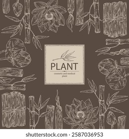 Background with perfumery and medical plants: lotus flower, bamboo, palo santo sticks. Vector hand drawn illustration.