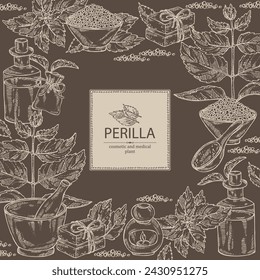 Fondo con perilla: planta y hojas de perilla. Aceite, jabón y sal de baño. Cosméticos y planta médica. Ilustración dibujada a mano del vector