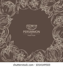 Background with persimmon fruit and persimmon slice. Vector hand drawn illustration