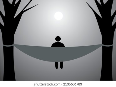 el fondo de la persona en la noche acampando el cáñamo atado a un árbol y encima de la luna
