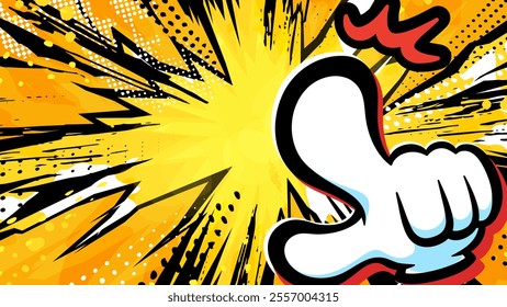 Background of a person pointing at something with a gloved hand in an American comic style_yellow_16:9