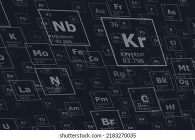 Background in perspective of the chemical elements of the periodic table, atomic number, atomic weight, name and symbol of the element on a black background