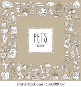 Background with pets sings and zoomarket icons. Hand drawn vector doodles illustration.