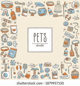 Background with pets sings and zoomarket icons. Hand drawn vector doodles illustration.