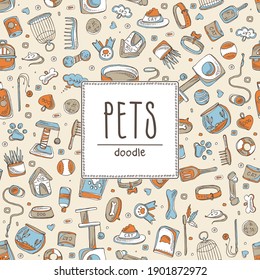 Background with pets sings and zoomarket icons. Hand drawn vector doodles illustration.