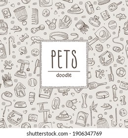 Background With Pets Sings And Zoomarket Icons. Hand Drawn Vector Doodles Illustration.