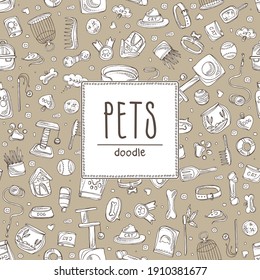 Background with pets things and pet store icons. Hand drawn vector doodles illustration.