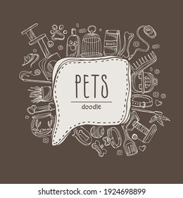 Background with pets things and pet store icons. Hand drawn vector doodles illustration.