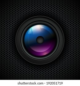 Background with photo lens icon on grill vector background texture.