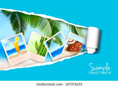 Background with photos from holidays on a seaside with ripped paper. Vector