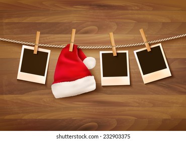 Background with photos and a santa hat. Vector.