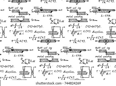 Background with physics formulas and equations. Materials - metal welding. Vintage whiteboard. Vector seamless pattern.