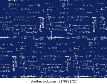 Background with physics formulas and equations. Vintage blueprint. Vector seamless pattern.