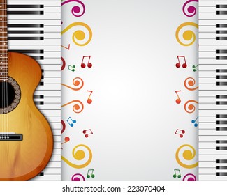 Background with piano keys and acoustic guitar. Music background. EPS10 vector