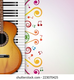 Background with piano keys and acoustic guitar. Music background. EPS10 vector