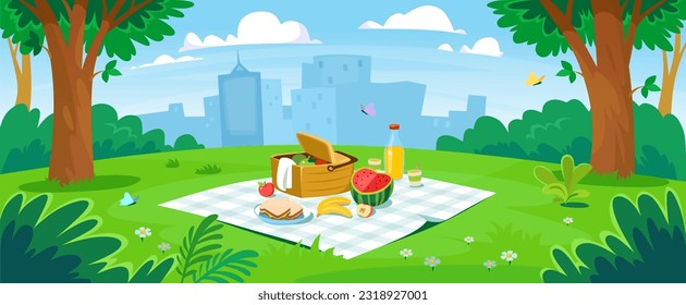 Background of a picnic set up in a city park. Basket with healthy food, apples, banana, watermelon, and juice on a blanket spread on the grass with a beautiful view. Cartoon vector illustration.