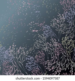 Background picture with herbs and small leaves and petals of pastel shades on a dark gradient color. Vector for print, notebook covers, sketchbooks, albums