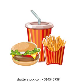 Background picture isolate on white background. Fast food: burger, plastic glass with cold drink and French fries