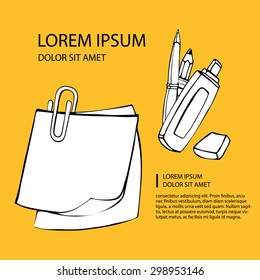 background picture of note paper with a paper clip, pen, pencil on yellow background with place for your text