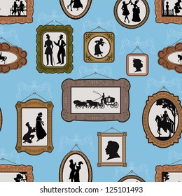 Background with pictures in vintage silhouette design in antique frames hanging on the wall