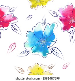Background with picturesque multi-colored flowers. Seamless floral pattern. mixed media. Vector illustration