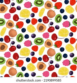 Hintergrund von Früchten und Beeren. Kiwi, Erdbeere, Kirschen, Pfirsich, Heidelbeere, schwarzer Johannisbeere, Zitrone. Verwendet in Textil-Illustration, Küchengrafik, Geschenkverpackung. Hintergrund, Muster, Meer