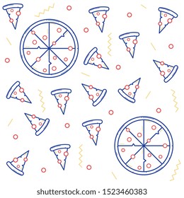 background of pieces of pizzas and whole with tomato and salami