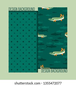 Background with pikes in the pond and polka dot background. Set. Seamless pattern. Design for children's textiles, background image for packaging materials. Cartoon style.