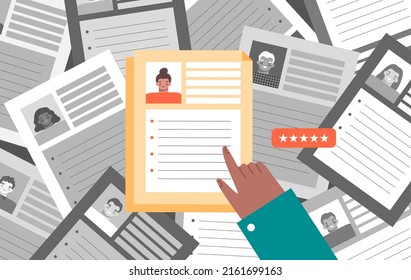 Background with pile of different resume, CV and hand pointing to them. Hiring process, evaluation concept. Flat cartoon vector illustration.