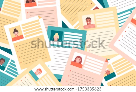 Background with pile of different resume, CV templates. Curriculum vitae papers with photo and personal info. Hiring process, recruitment concept. Flat vector illustration in cartoon style.