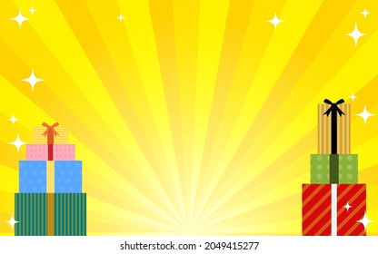 Background of a pile of glittery presents with a concentration line.