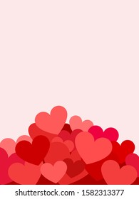 Background with pile of red hearts. Mountain of hearts, valentines. Template of greeting card, valentines day, wedding invitation. Vector illustration, flat design, vertical view.